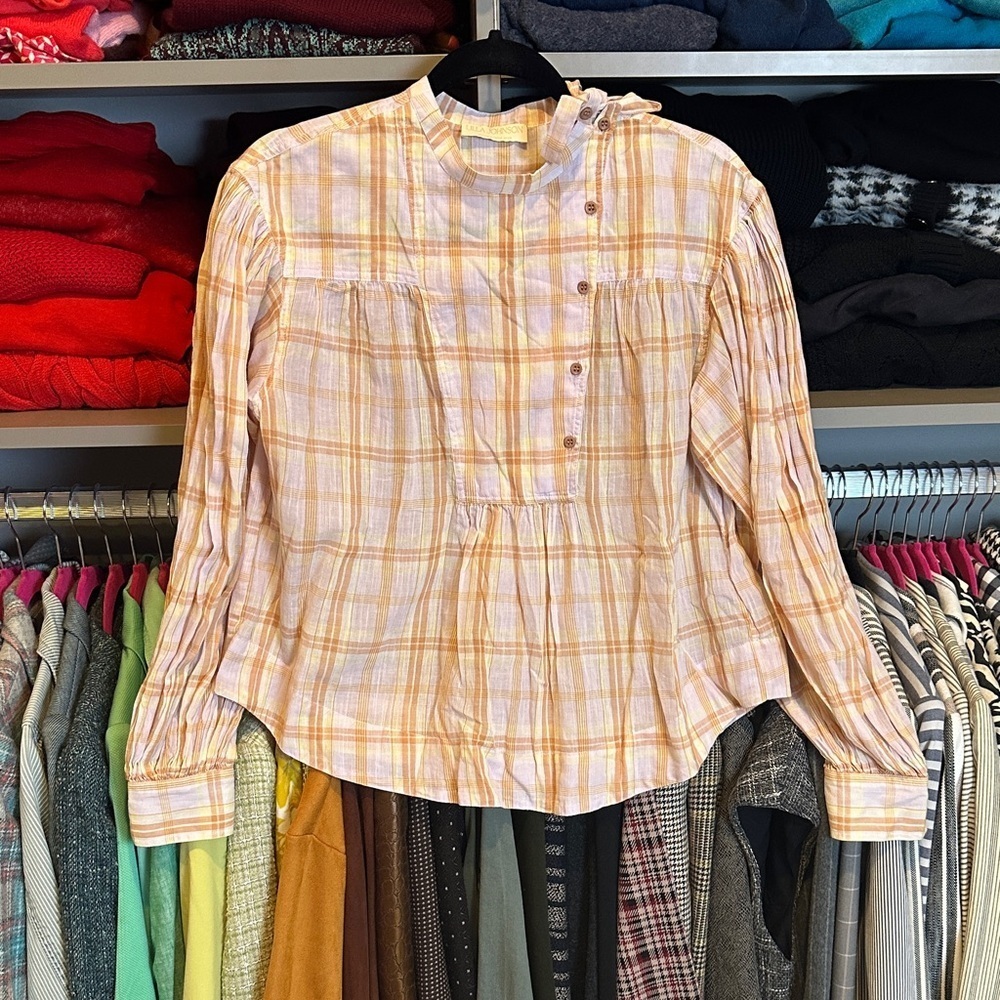 Ulla Johnson peach/white plaid long sleeve front button neck tie blouse size 2